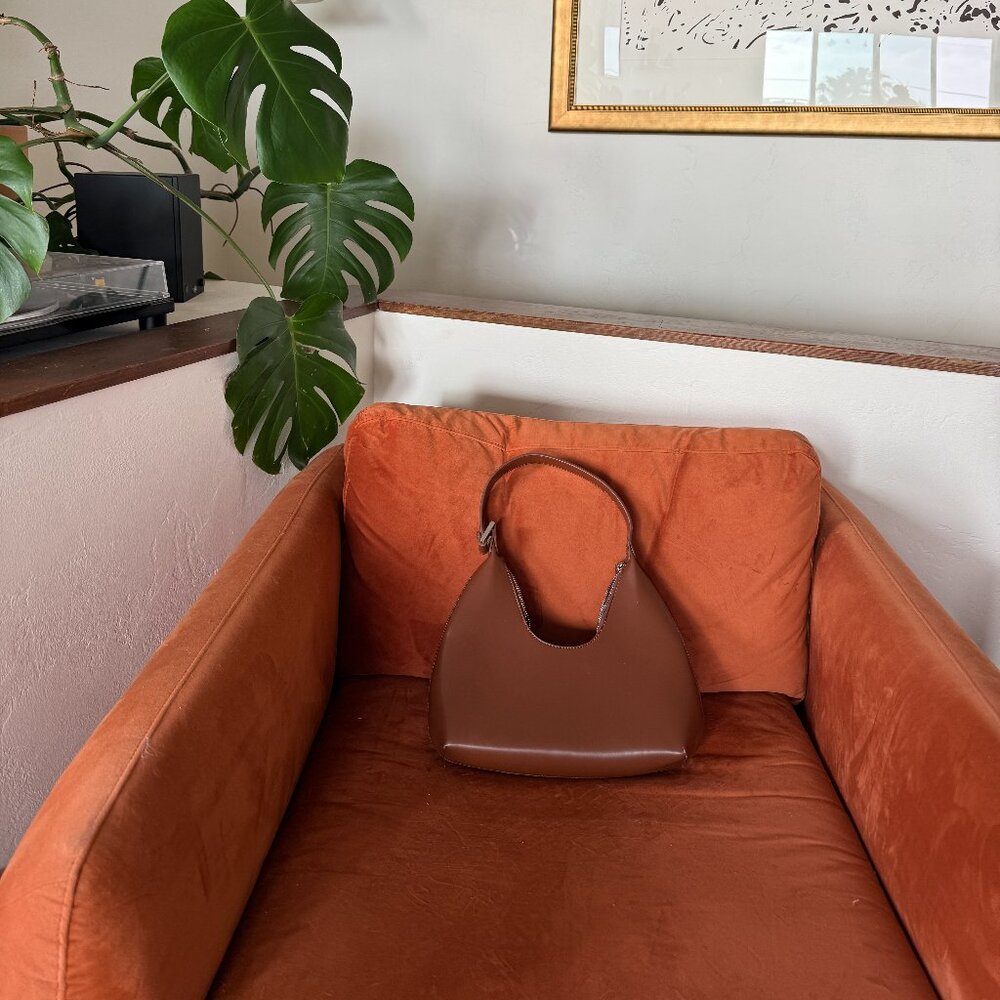 Brown Structured Faux Leather Purse with Silver Zipper